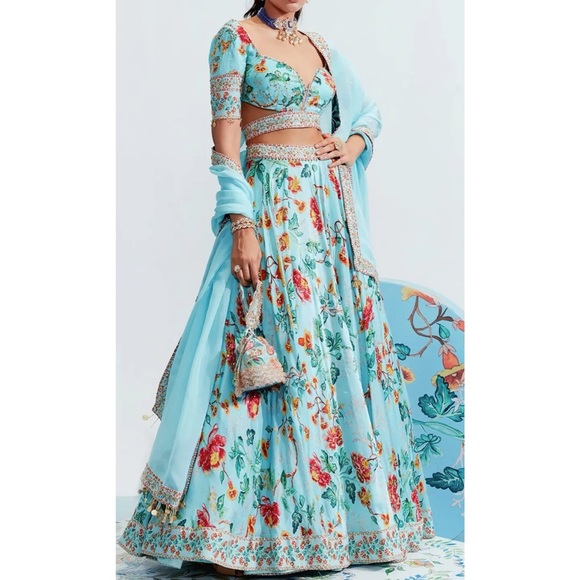 SOLD - Mahima Mahajan Blue Designer Lehenga & Blouse With Floral Design - Picture 3 of 10